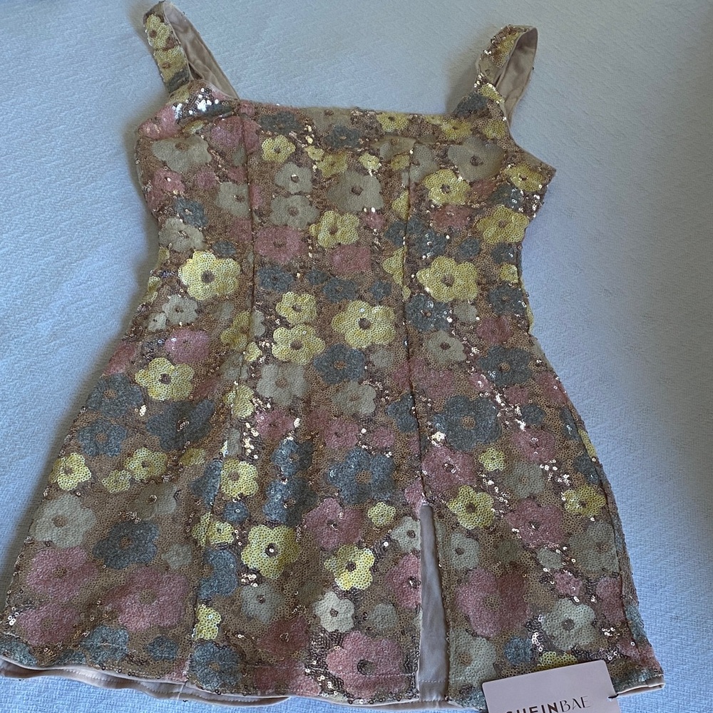 SHEIN Sequin Floral Dress with Pink and Gold Accents